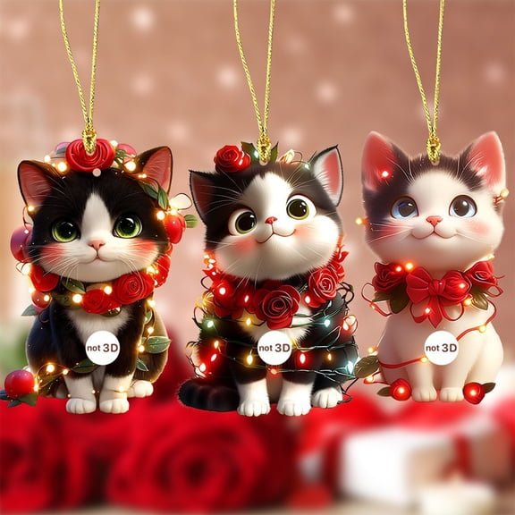 SDJMa 3 Pcs Valentine Cat Ornaments, Cute Black and White Cat Christmas Tree Hanging Decorations, Keepsake Gifts for Cat Lovers