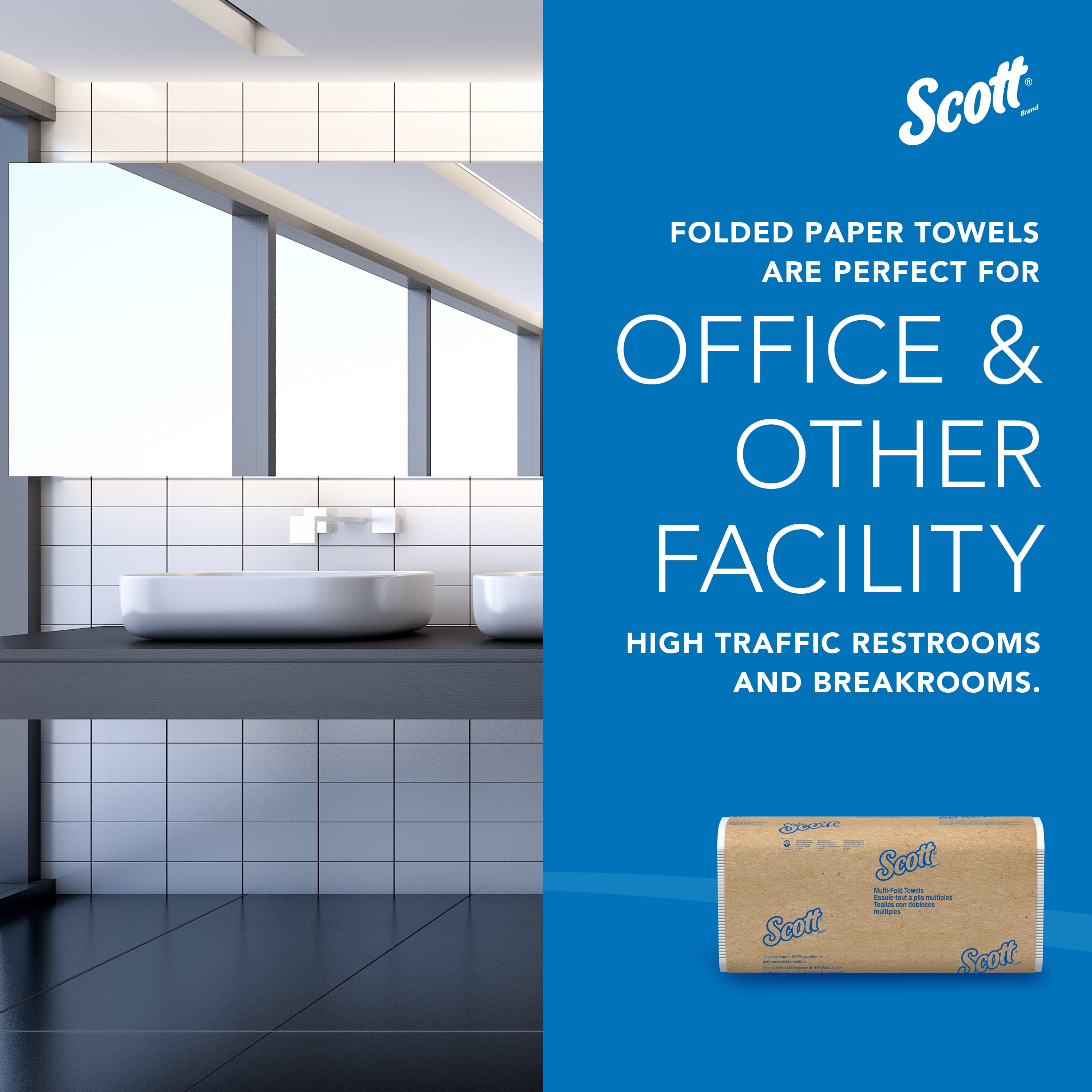 Scott Essential Multi-Fold Towels 100% Recycled, 9.2 x 9.4, White, 250/Pk, 16 Pk/CT -KCC01807