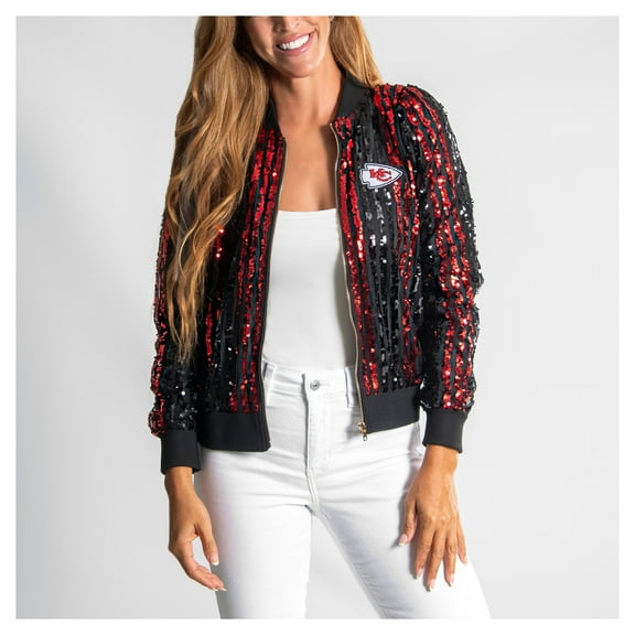 Women's Cuce  Red Kansas City Chiefs Slim Fit Sequin Striped Full-Zip Bomber Jacket