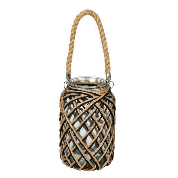 Vickerman 10.5" Glass Jar in Woven Jute Handle. This glass jar is wrapped in natural tone and black jute in a diamond pattern. It features a jute handle for easy hanging. It measures 10.5" H x 6.5" W.