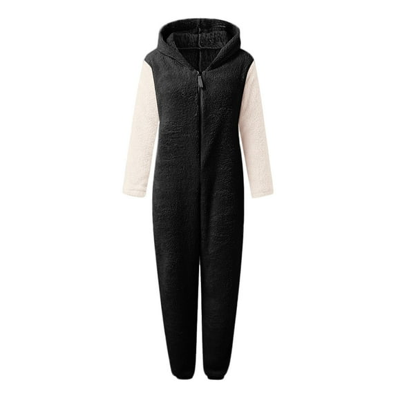 sususu Onesie Women Pajamas Jumpsuit Warm Sherpa Romper Sleepwear One Piece Zipper Hooded Playsuit Loungewear,Black,S