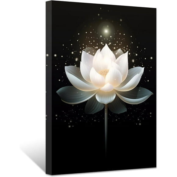 ZHONGYUTONG Black and White Zen Canvas Wall Art Glowing White Lotus Flower Painting Prints Spa Bathroom Decor for Spiritual Meditation Yoga Room Framed (12.00" x 18.00")