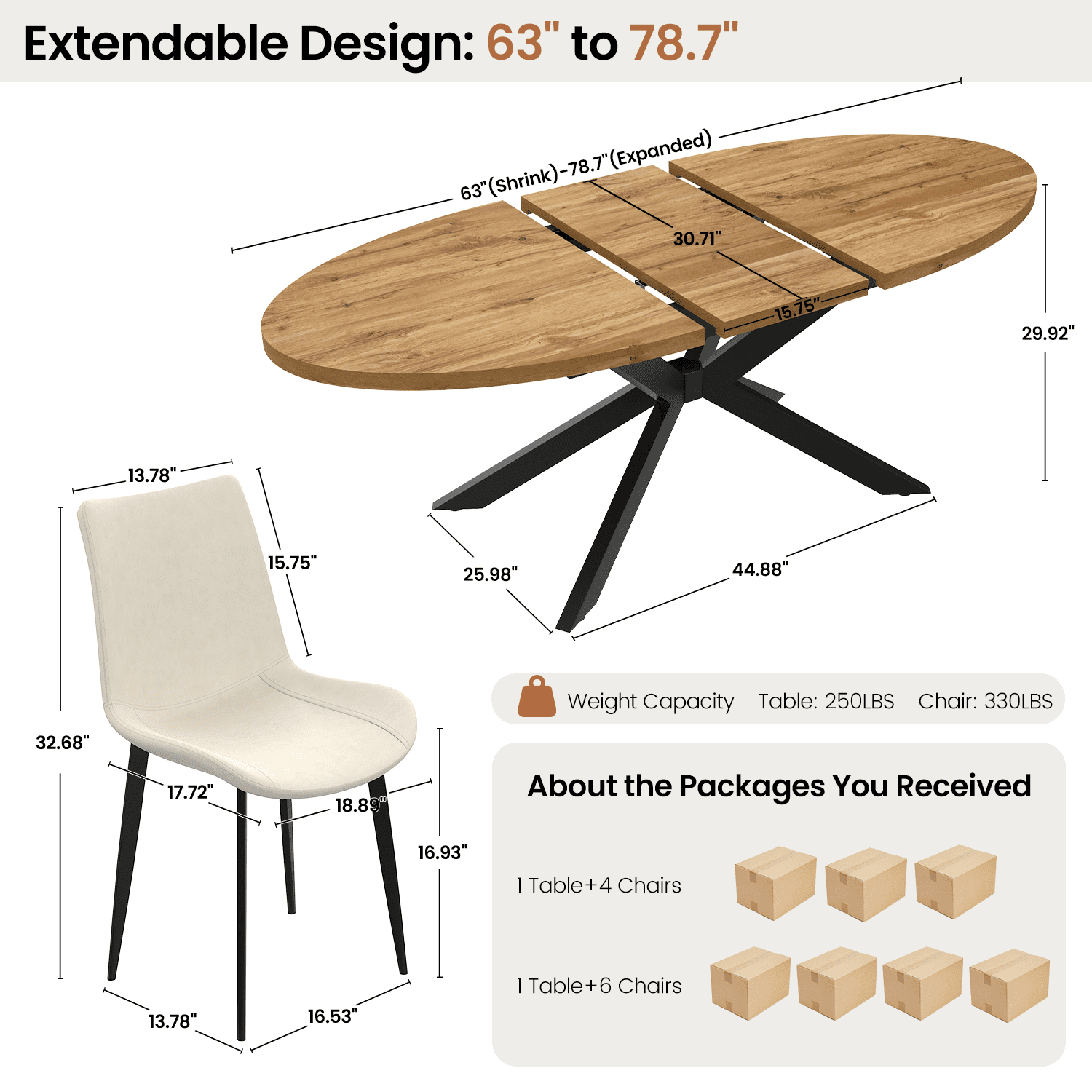 63"-78.7" Extendable Round Dining Table Set for 4, 5 Piece Mid Century Modern Oval Kitchen Table Set, Large Dining Table with 4 Dining Chairs for Living Room Space Saving