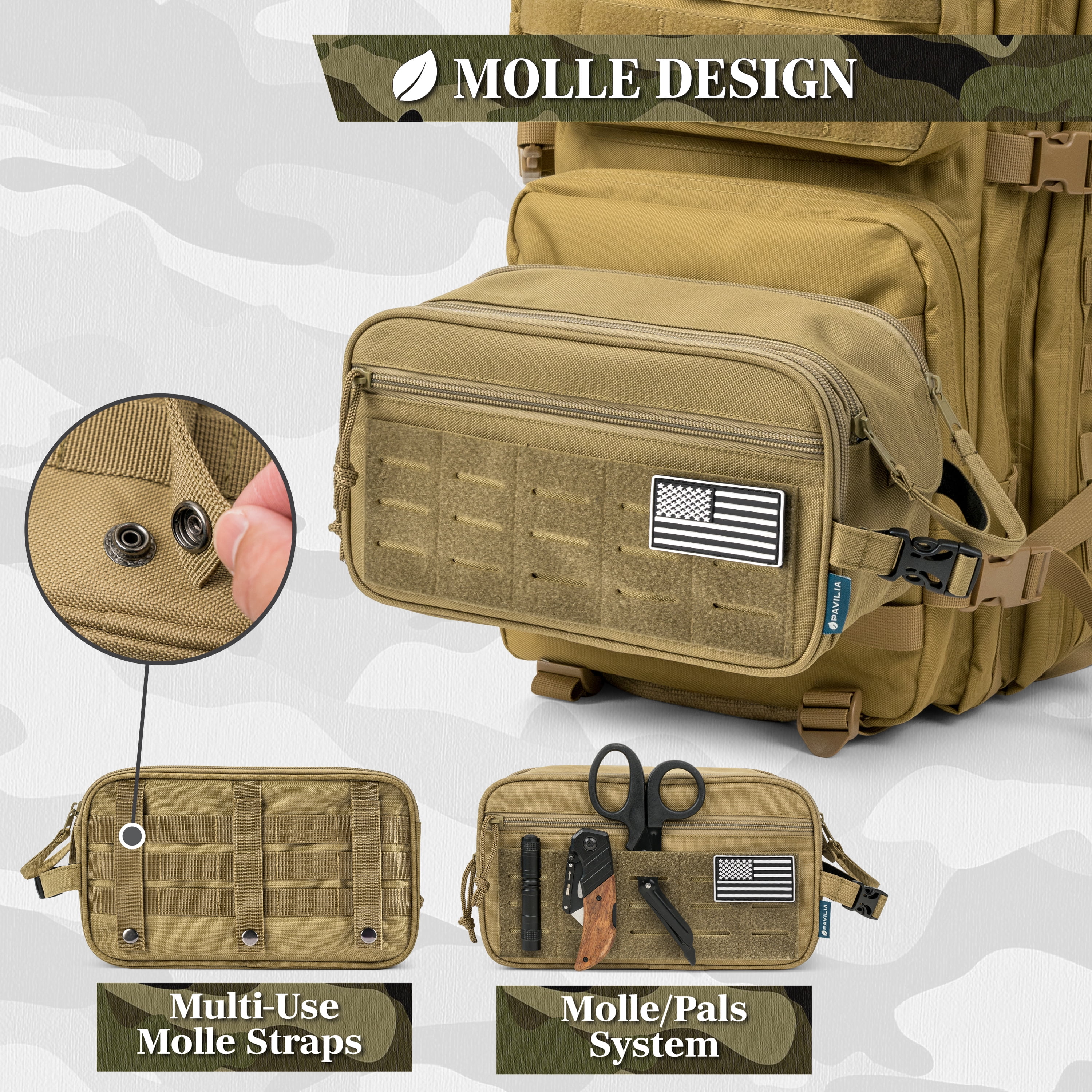 Pavilia Extra Large Tactical Toiletry Bag for Men, Hygiene Travel Bag, Military Dopp Kit, Water Resistant Molle Pouch, Mens Shaving Grooming Essentials,wer Small Organizer Case, Tan Brown