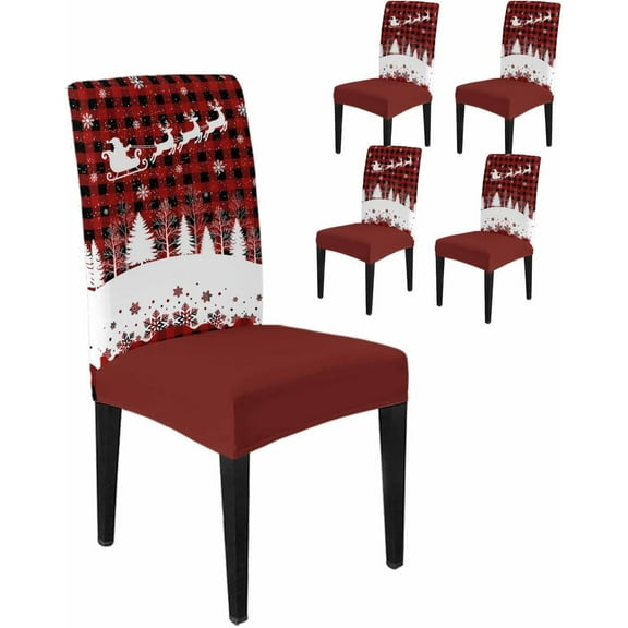 Chair Covers for Dining Room Set of 4,Christmas Tree Santa Claus Stretch Seat Protector Removable Washable Chairs Slipcovers for Kitchen Banquet Wedding Hotel,Reindeer Red Black Plaid
