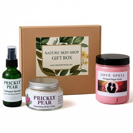 Nature Skin Shop Love Is In The Air Gift Box – Prickly Pear Serum, Body Crème & Love Spell Sugar Scrub – Clean Botanical Self-Care Set with Natural Ingredients