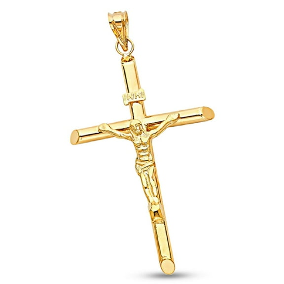Jesus Cross Pendant Solid 14k Yellow Gold Religious Crucifix INRI Charm Genuine 56 x 37 mm
