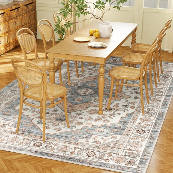 HOMCOM 5x7 Area Rug, Vintage Machine Washable Rug for Bedroom, Brown & Blue