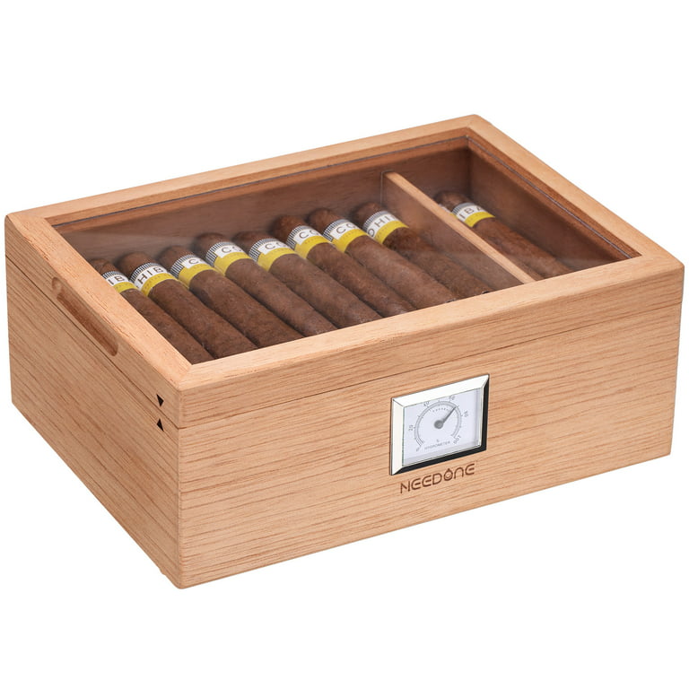 Woodronic Handmade Cigar Humidor with Cigar Cutter and Ashtray for 30-50 Counts, Spanish Cedar Cigar Box Set for Men with Hygrometer Humidifier, Tight