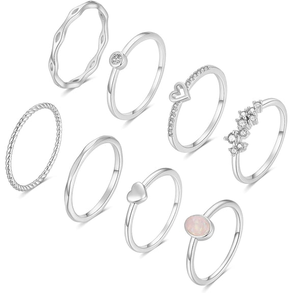 8PCS 14K Gold/Silver Plated Stacking Ring Set for Women Teen Dainty Thumb Stackable Rings Gold Heart CZ Non Tarnish Rings Plain Band Size 4-11