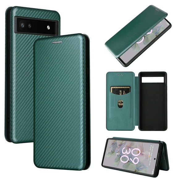 Feishell Flip Wallet Cover for Google Pixel 6a (6.1 inch),Shockproof Slim Fit Carbon Fiber Texture PU Leather Magnetic Closure Folio Card Pocket Kickstand Phone Case,Green