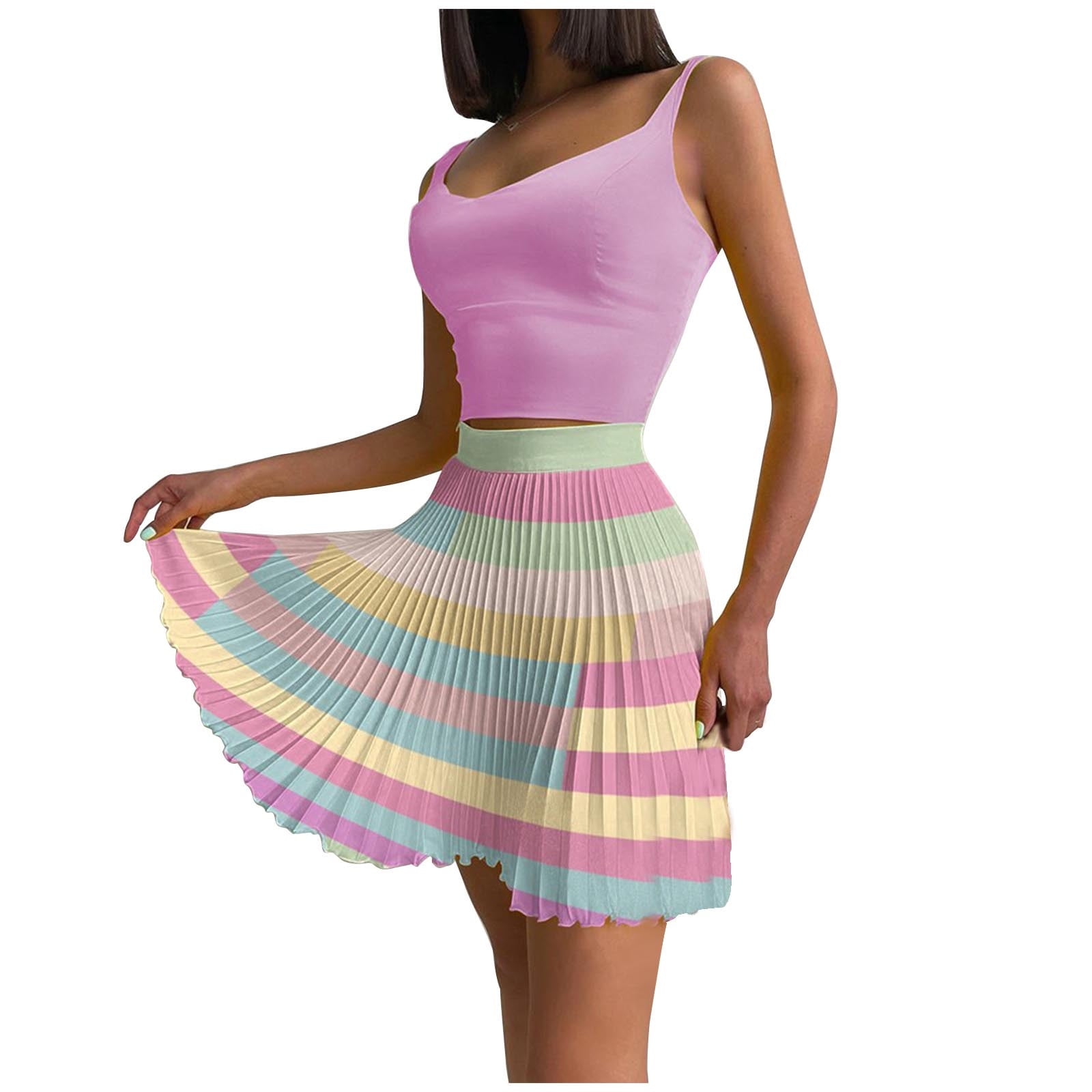 Sentuca Women Two Pieces Summer Skirts Sets Casual Vacation Holiday Sexy Crop Tank Tops Rainbow