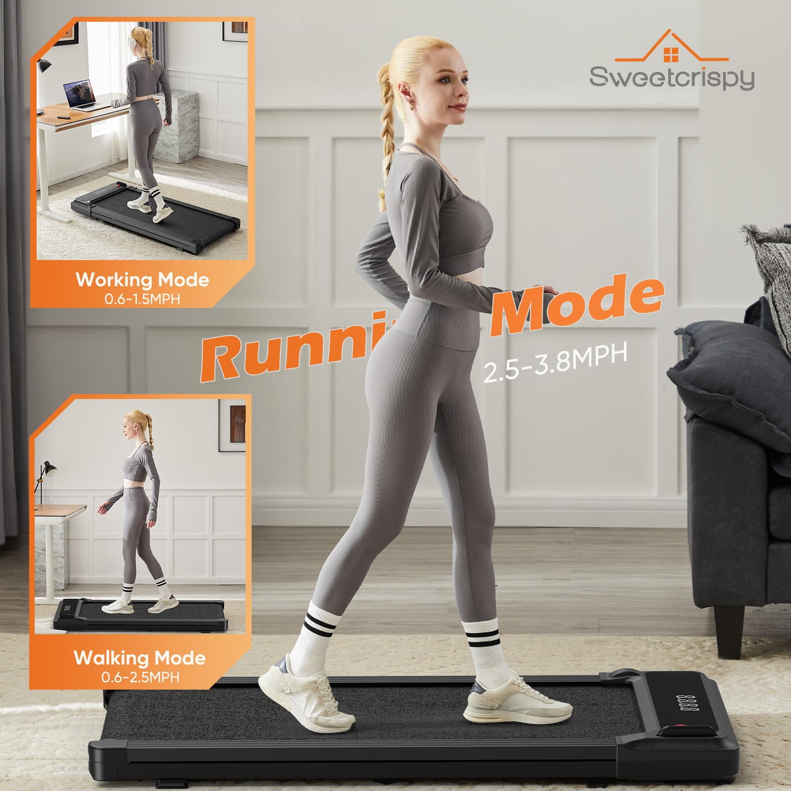 CONCETTA Compact Walking Treadmill for Small Spaces, Quiet Under-Desk Walking Pad with Remote, Slim Portable Design for Home Office Workouts, LED Display, Easy to Store,Black