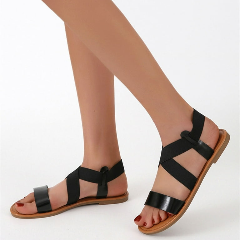 Women s Summer Casual Dressy Cute Flat Sandals Elastic Ankle Strap Summer Flat Sandals Trendy Two Band Strappy Shoes
