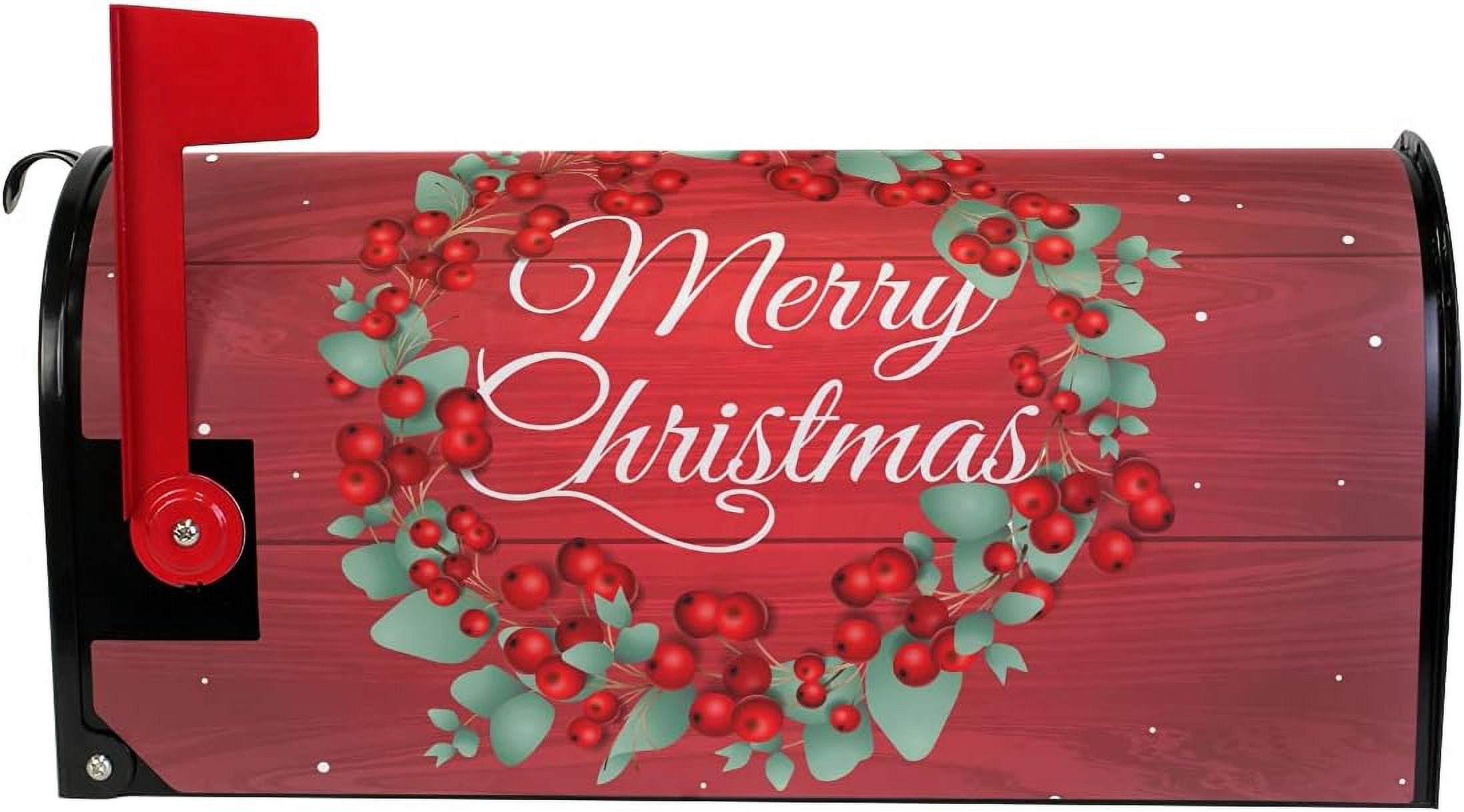 Merry Christmas Wreath Red Magnetic Mailbox Cover for Standard Mailboxes