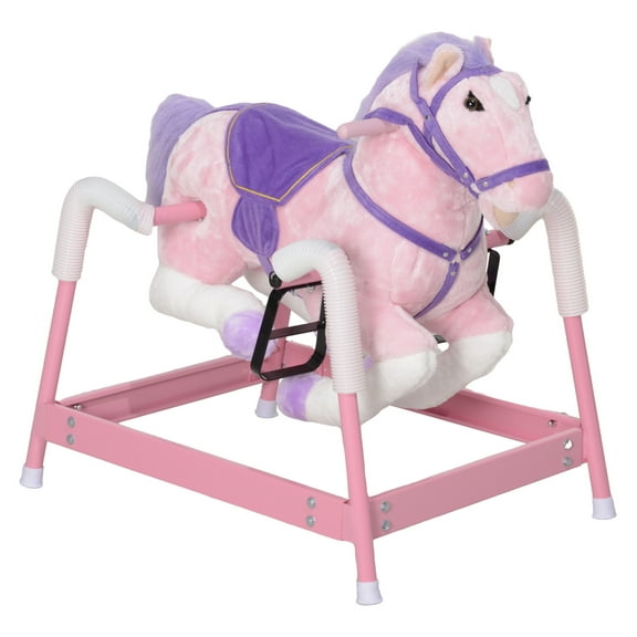 Qaba Spring Rocking Horse, Kids Ride on Horse, Plush Horse Ride-on with Sounds & Foot Stirrups, Saddle for Kids 3-8 Years, Pink