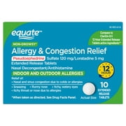 Equate Allergy and Congestion Relief-D 12 Hour, Non-Drowsy Tablets, 10 Count