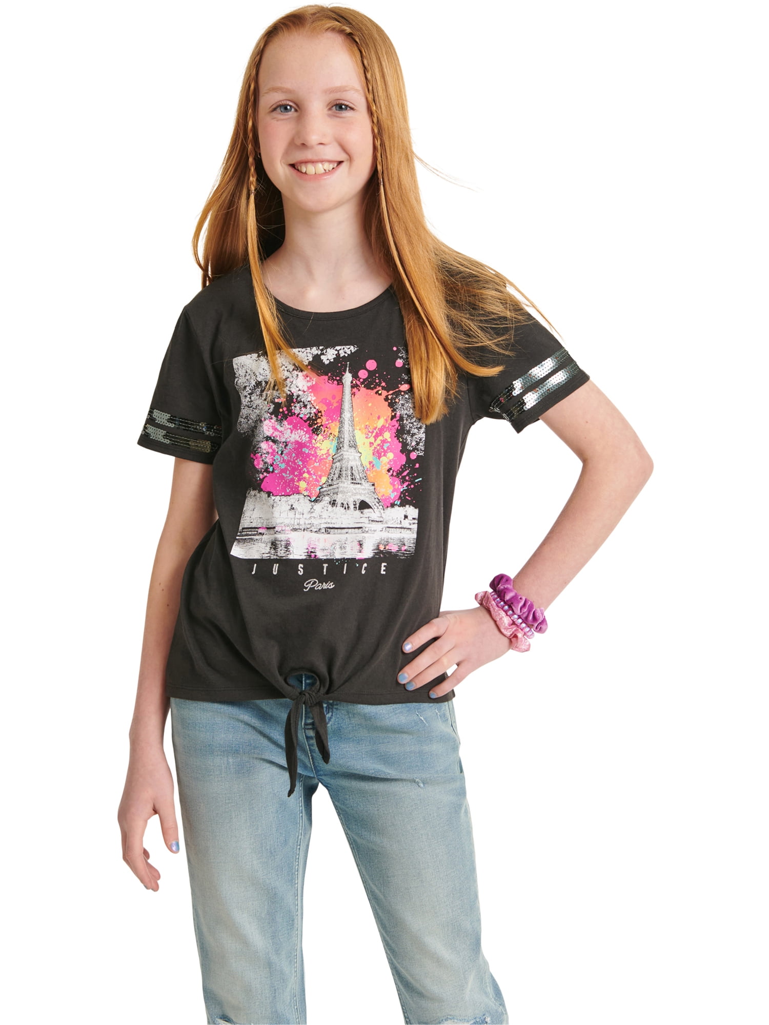 Justice Girls Tie Front Sequin Sleeve T-Shirt, Sizes XS-XLP