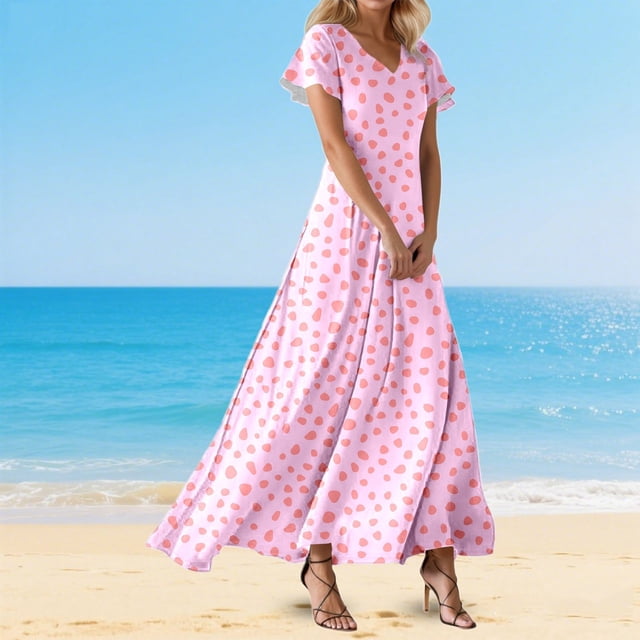 WILLBEST Vestidos Casuales Para Mujer 1 Vestido De Manga Corta Con Cuello En V Para Mujer, Vestido Bohemio De Cintura Alta Para Verano, Vestidos Fluidos Para Playa Y Vacaciones
