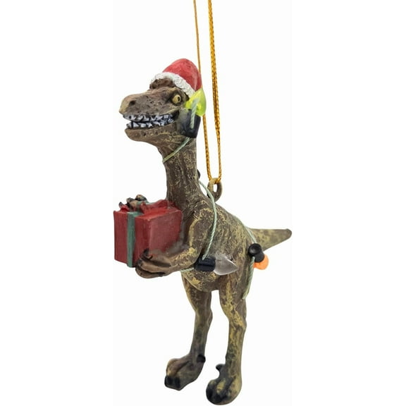 Funny Raptor Dinosaur Wrapped in Lights Christmas Tree Kids Ornament
