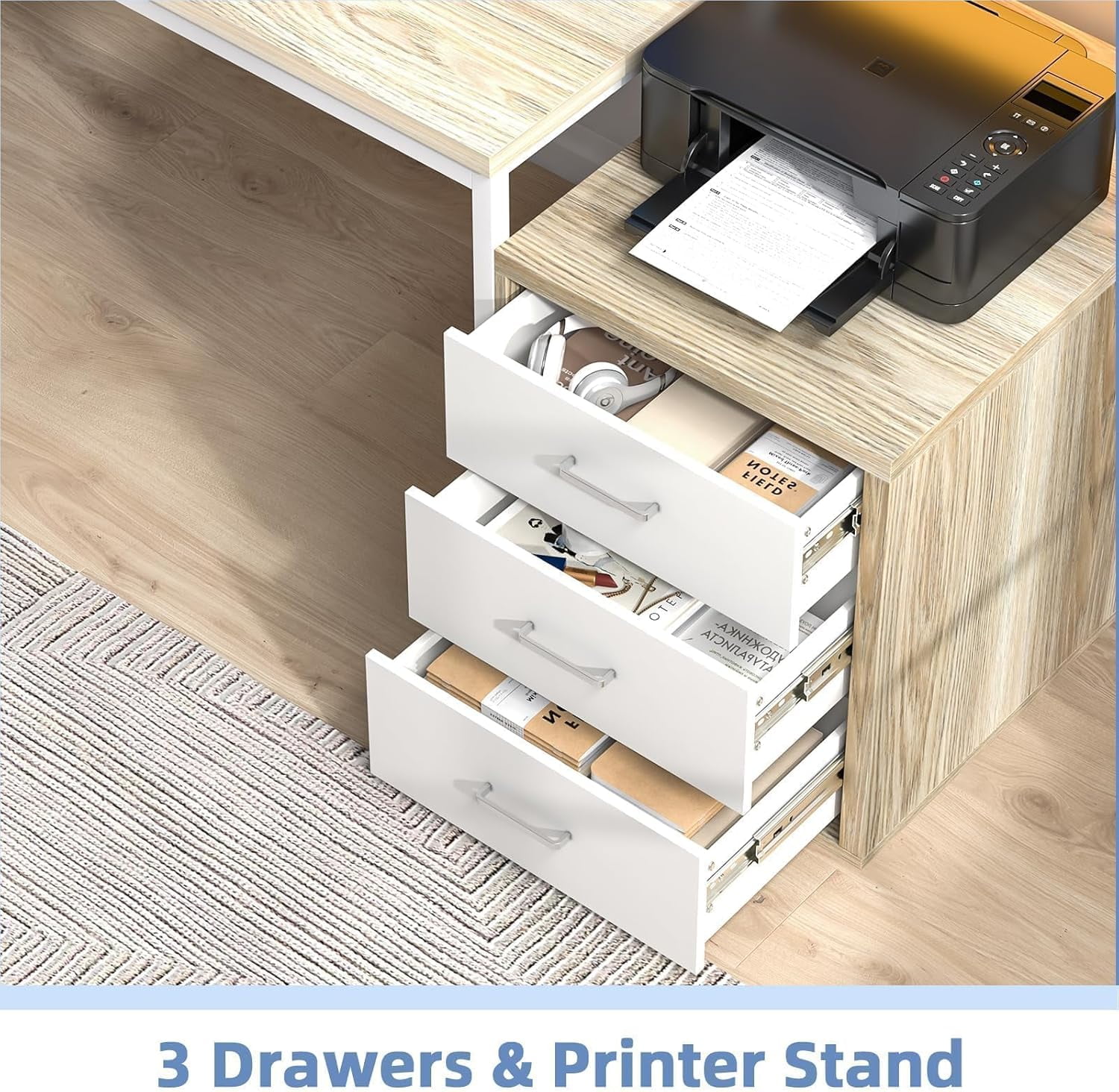 DreamCurship 67 inch Computer Desk with Monitor Stand, Writing Desk with Adjustable LED Light, Reversible Home Office Desk with 3 Storage Drawers, White and Walnut