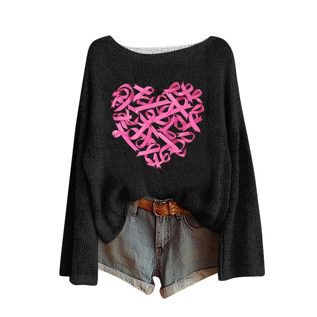 Chandail pour Femmes Manches Longues Sensibilisation au Cancer du Sein Col Rond pour Mode Tricot, Pulls pour Femmes