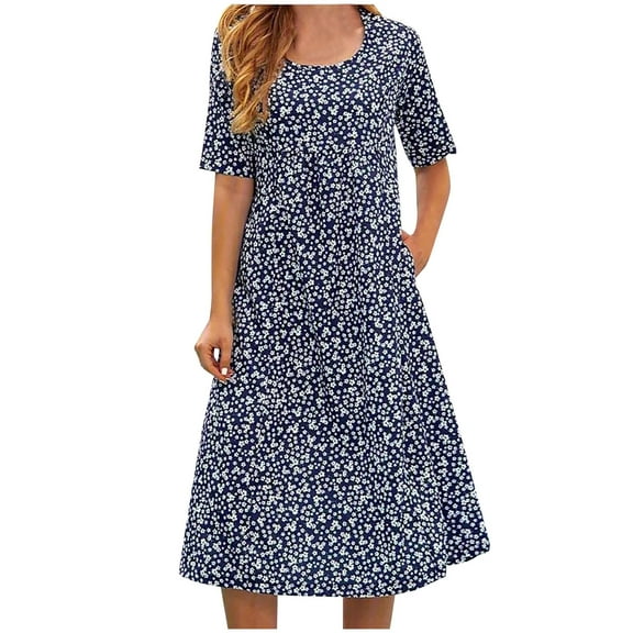 Enjoytime Women Summer Holiday Dress Fashion Boho Floral Casual Dresses Round Neck Short Sleeve Loose A Line Women Summer Beach Dress