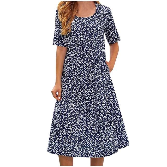 Vestido suelto de manga corta con estampado de cuello redondo informal de verano para mujer a la moda Fridja bnh1687
