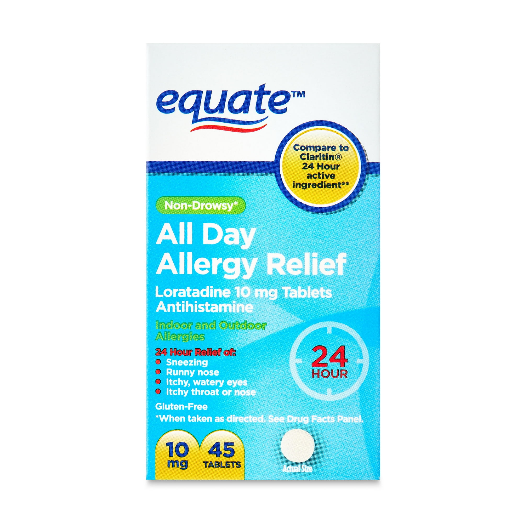 Equate Non-Drowsy All Day Allergy Relief Loratadine 10 mg Tablets Antihistamine, 45 Count, Compare to ClaritinÂ® 24 Hour Active Ingredient