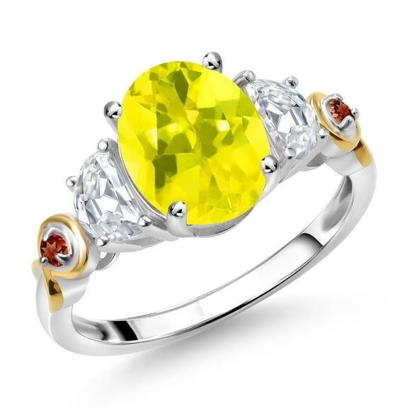 Gem Stone King 925 Silver and 10K Yellow Gold 3-Stone Ring Oval Canary Mystic Topaz and Moissanite (2.53 Cttw, Size 8)