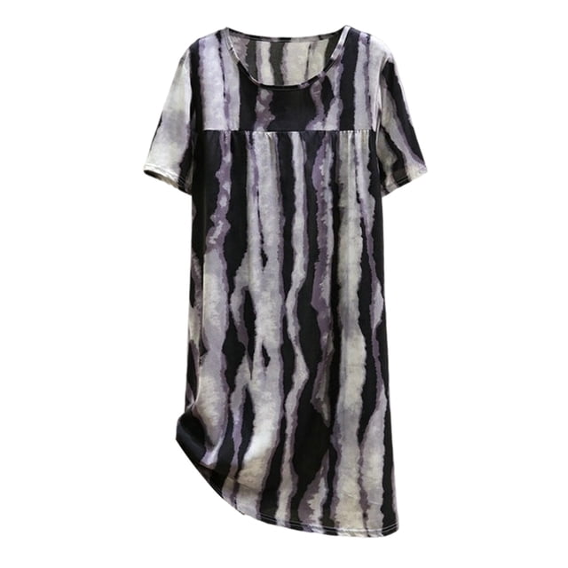 GPOECD Robe de Nuit d'Été pour Femme à Manches Courtes, Col Rond, Mince, Grande Taille, Ample, Imprimée, Pyjama pour Femmes, Douce en Viscose, Tenue d'Intérieur 44_Black,One Size