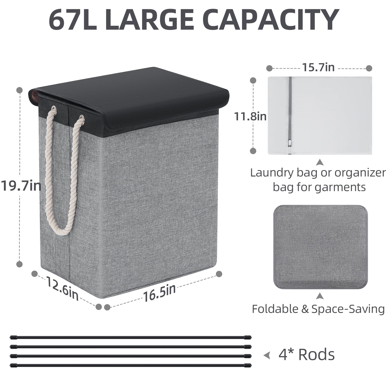 Laundry Basket HONEIER Laundry Hamper with Lid 67L Collapsible Laundry Baskets Waterproof Clothes Hamper for Bedroom, Bathroom, Dorm, Closet, Laundry Room, Grey