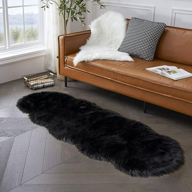 Latepis Soft Faux Sheepskin Fur Rug 2x6 Feet Runner Rug Black Fluffy