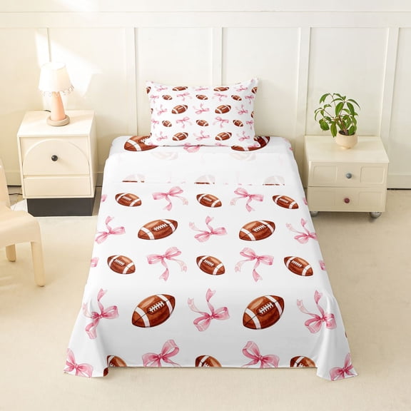 Feelyou Girly Football Twin Sheets for Girls, Pink Bow Rugby Bedding, 3pcs, 1 Flat Sheet, 1 Fitted Sheet and 1 Pillowcase