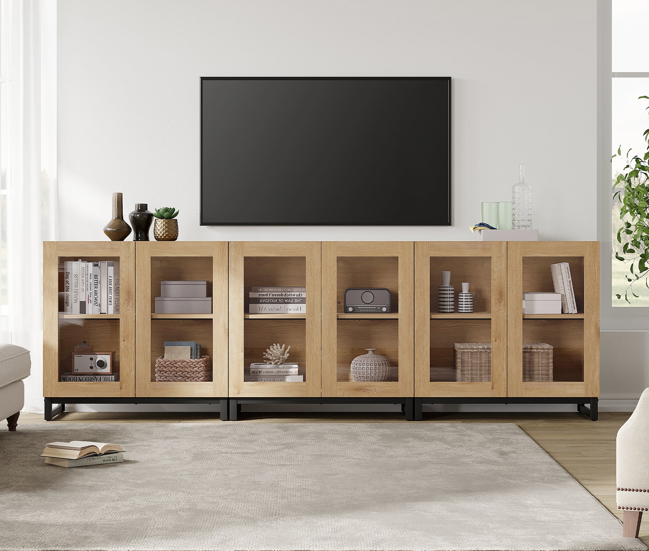 WAMPAT Modern TV Stand with Glass Doors for 110 inch TVs, Farmhouse Entertainment Center TV Console with Adjustable Shelves for Living Room, Bedroom, Oak