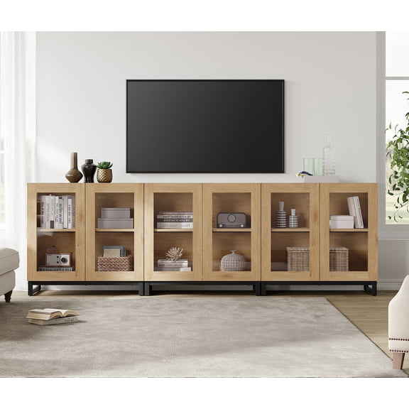 WAMPAT Modern TV Stand with Glass Doors for 110 inch TVs, Farmhouse Entertainment Center TV Console with Adjustable Shelves for Living Room, Bedroom, Oak