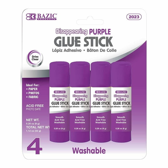 BAZIC Washable Disappearing Purple Glue Stick 8g / 0.28 Oz, Color Acid Free 4/Pc
