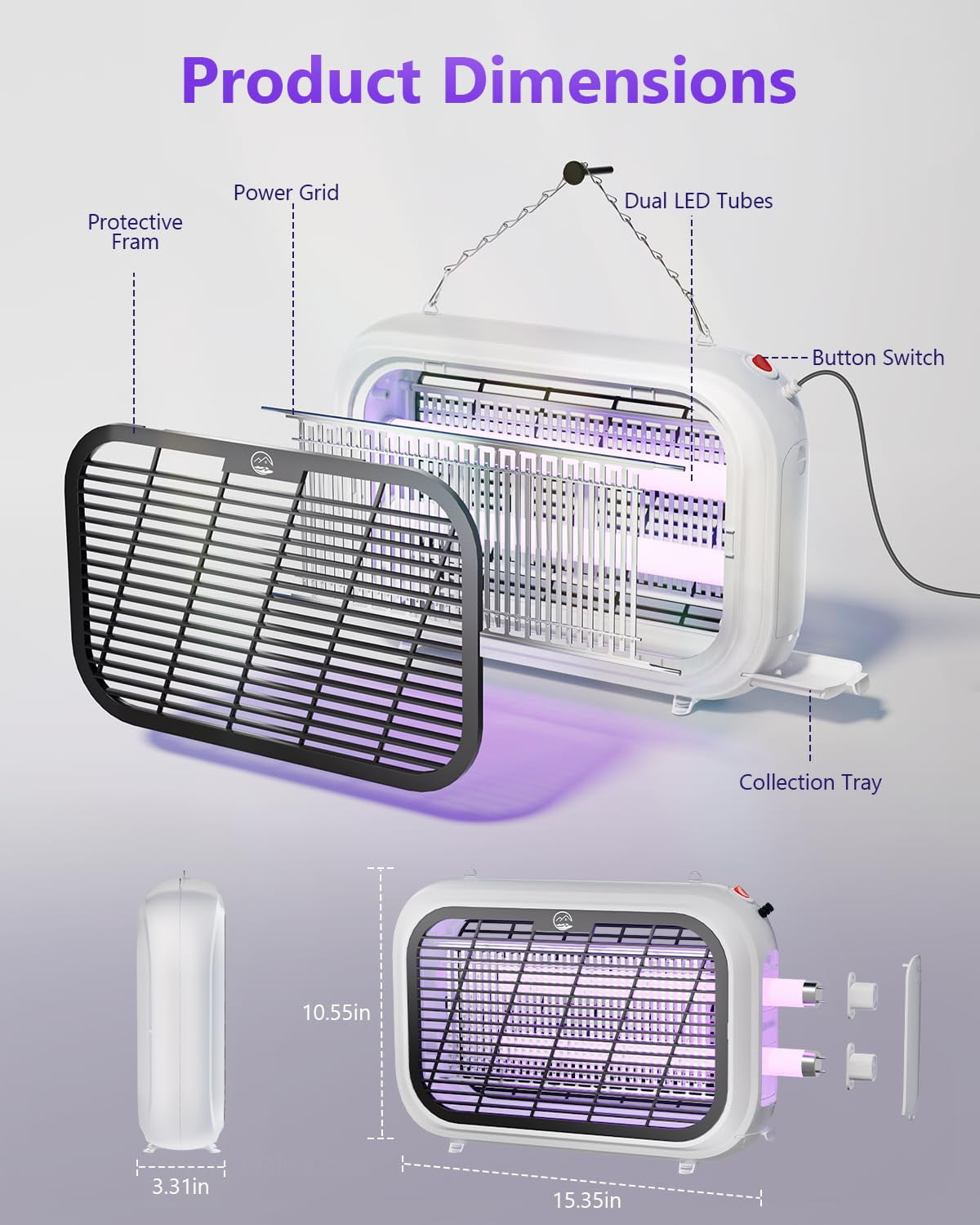 Indoor Electric Bug Zapper, Powerful Fly Zapper with Double-Layer High-Voltage Grid, All-Round Mosquito Catcher for Mosquito/Fly/Moth/Gnat, LED Trap, Removable Tray & 2 Replace Light Tube, Hangable