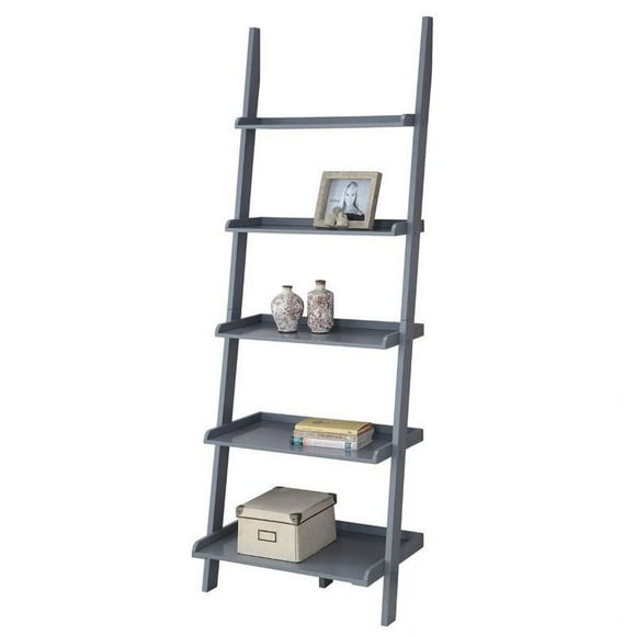 Pemberly Row Five Shelf Ladder Bookcase in Gray Solid Wood Finish