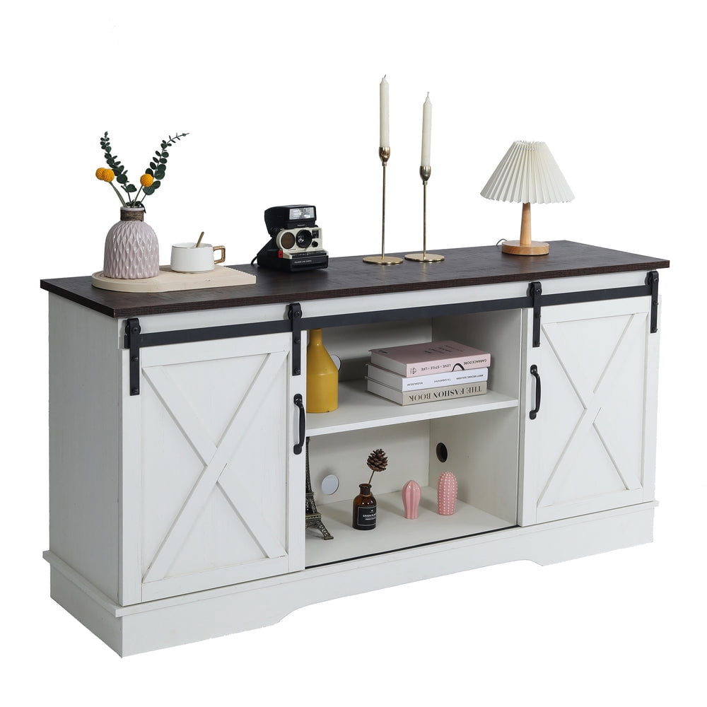 Farmhouse TV Stand for TVs Up to 65 Inch with Sliding Barn Doors and Adjustable Shelves, Vintage White/Espresso