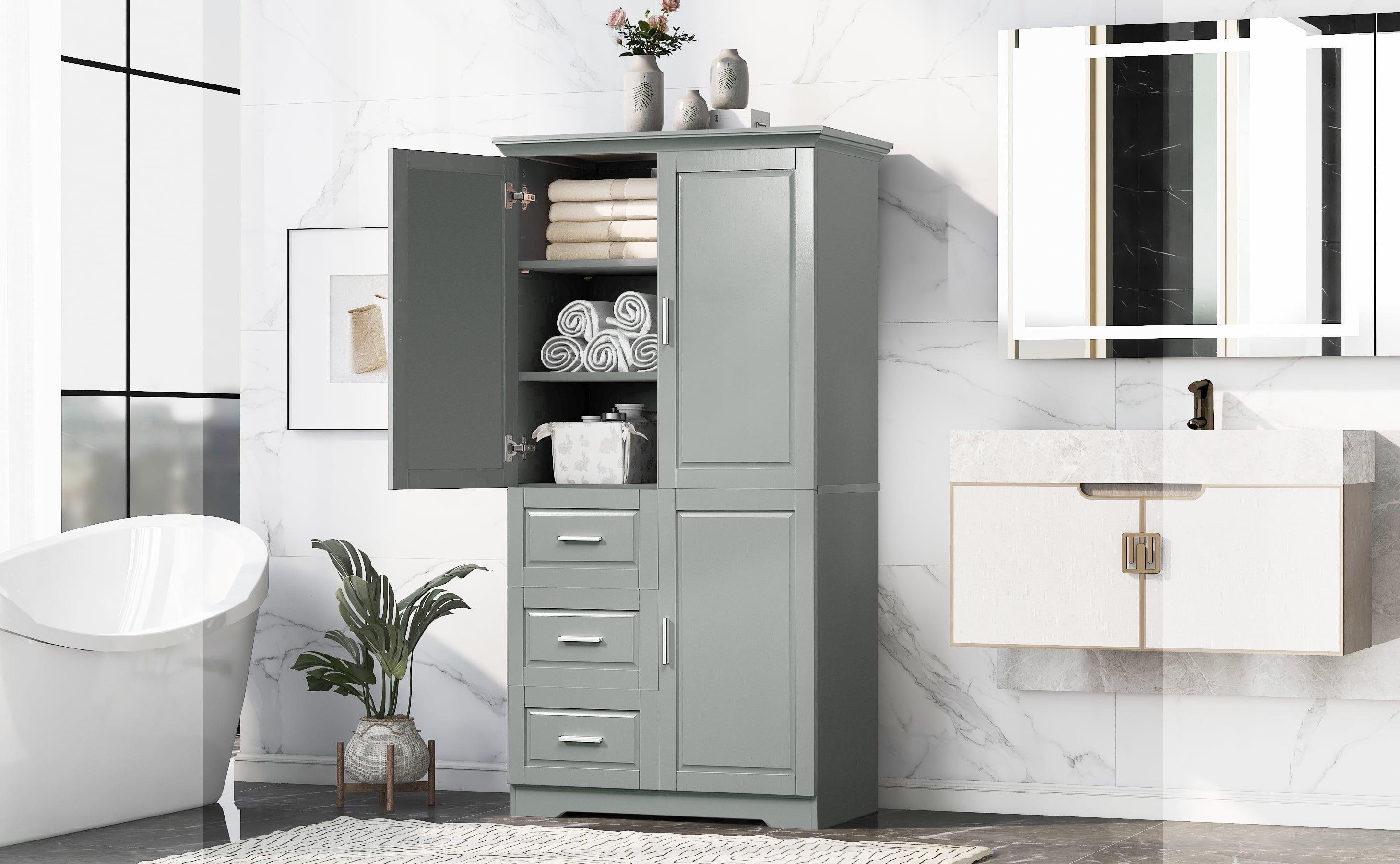 Euroco Tall Freestanding Storage Cabinet with 3 Drawers and Adjustable Shelf, Wide Linen Tower Cabinet with Doors, Waterproof Painted MDF, Anti-Tipping Kit
