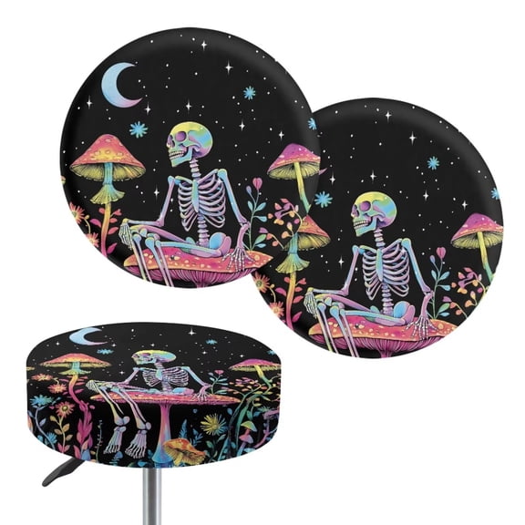 COEQINE Skeleton Mushroom Moon Stool Covers Round 12-14 Inch Washable Bar Stool Slipcovers Anti-Slip Round Stool Chair Saddle Stool Covers Halloween Decor, 2 Count