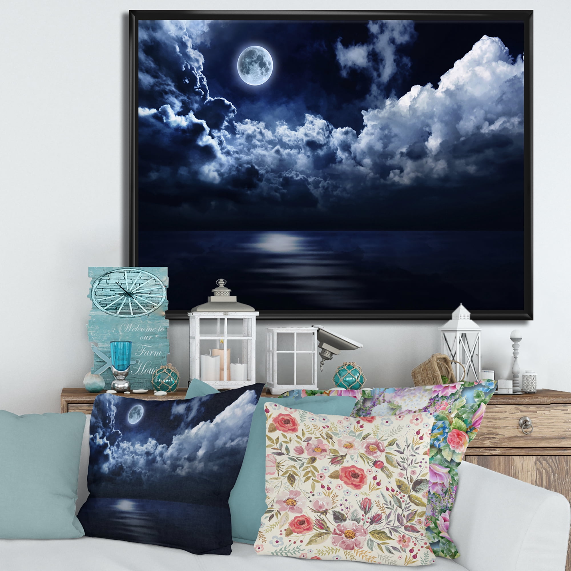 Designart 'Full Moon Night in Cloudy Sky' Modern Framed Canvas Wall Art Print