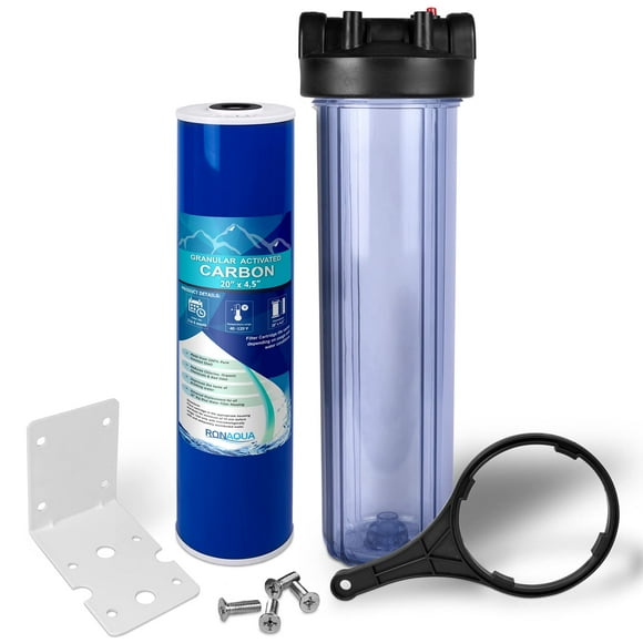 Whole House Water Filtration System, Transparent 20 x 4.5" Housing, 1" Inlet/Outlet Brass Ports, Pressure Relief Button, Granular Carbon Filter Cartridge, Meets NSF Standards & Regulations (20")