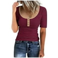 thumbnail image 1 of Camisetas de Manga Corta para las Mujeres Rayas Impreso Botón Arriba Tee, Cuello Redondo Casual Tops de Algodón para las Mujeres, 1 of 4