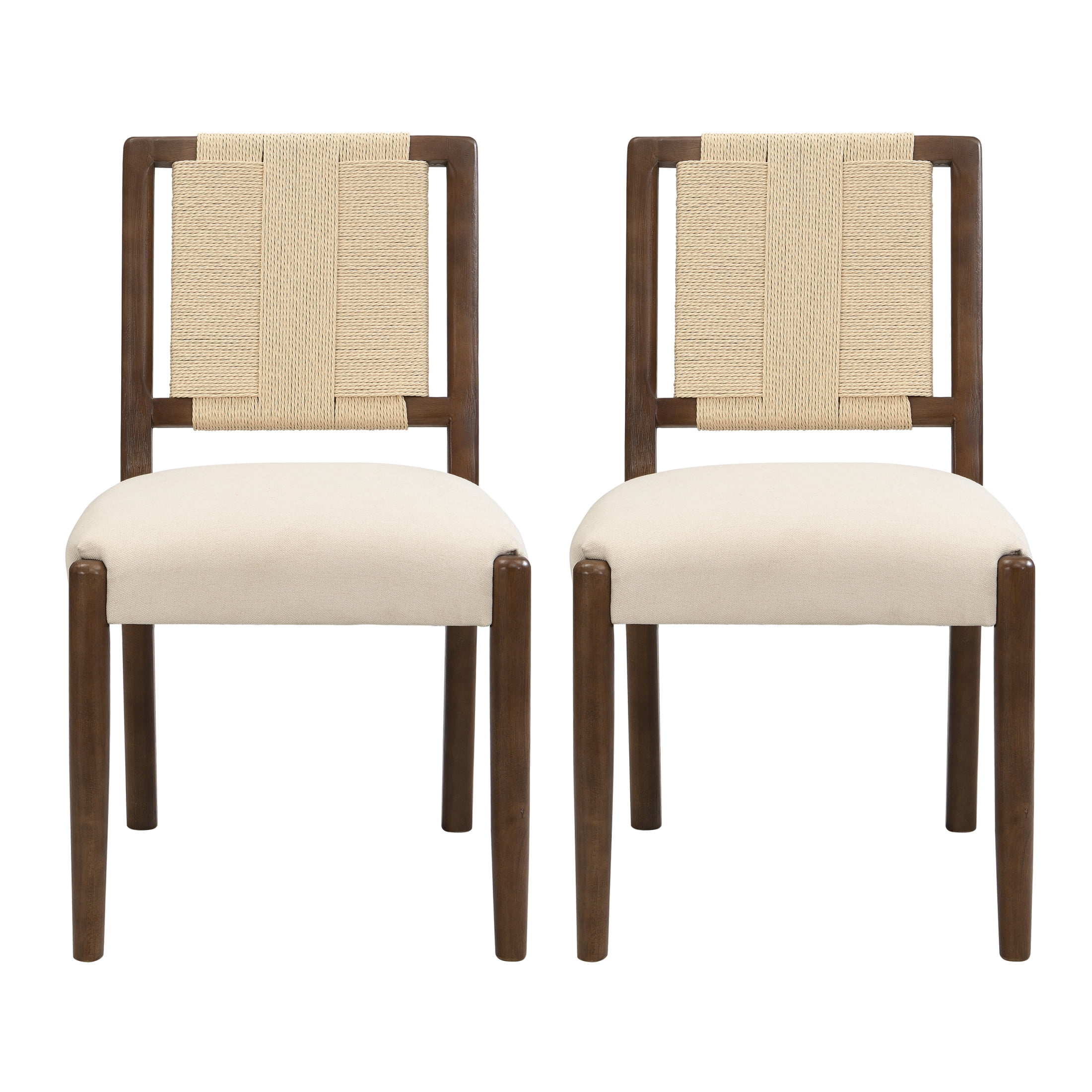 Christopher Knight Home Set of 2 Modern Upholstered Dining Chairs with Woven Rope Backrest, Walnut+Beige