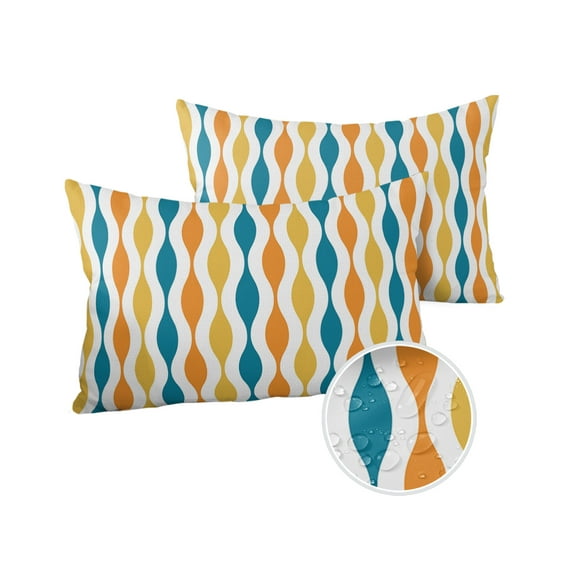 Pack of 2 Outdoor Pillow Covers, Yellow Turquoise Mid Century Retro Pattern Waterproof Square Throw Pillowcase Cushion Decorative Pillow Covers for Couch Patio Tent, 20x12 in