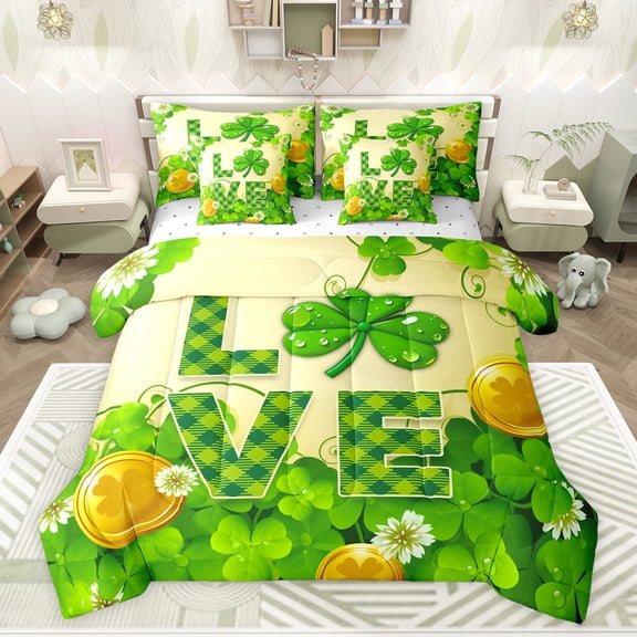 jejeloiu St.Patrick Day 7-Piece Twin Bedding Sets,Lucky Clover Leaf Bedding Comforter Set,Green Gold Sheet Sets For Girls Kids,Super Cozy Room Decor Reversible