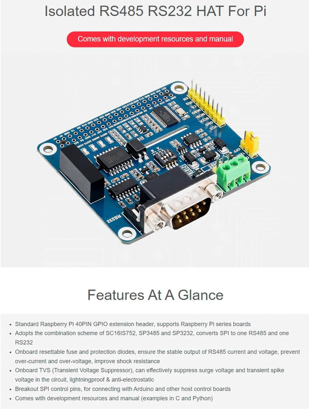 Isolated RS485 RS232 Expansion HAT Board for 4B/3B+/3B/2B/Zero/Zero 2 W/Zero 2 WH, SPI Control Onboard Protection Circuits