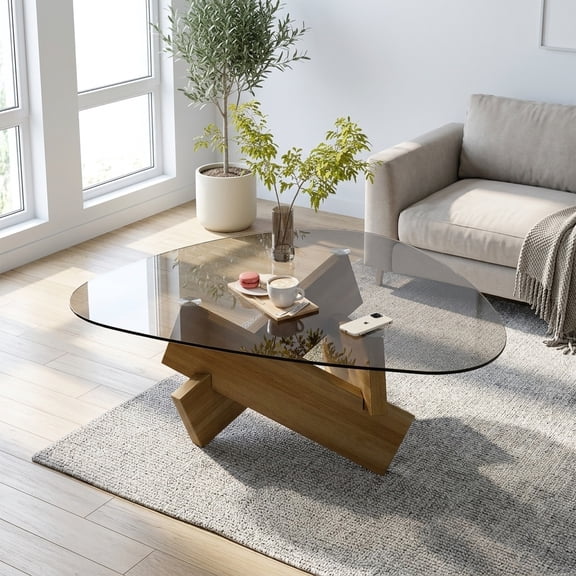 Modern Glass Coffee Table with Walnut Finish - Sleek Living Room Accent